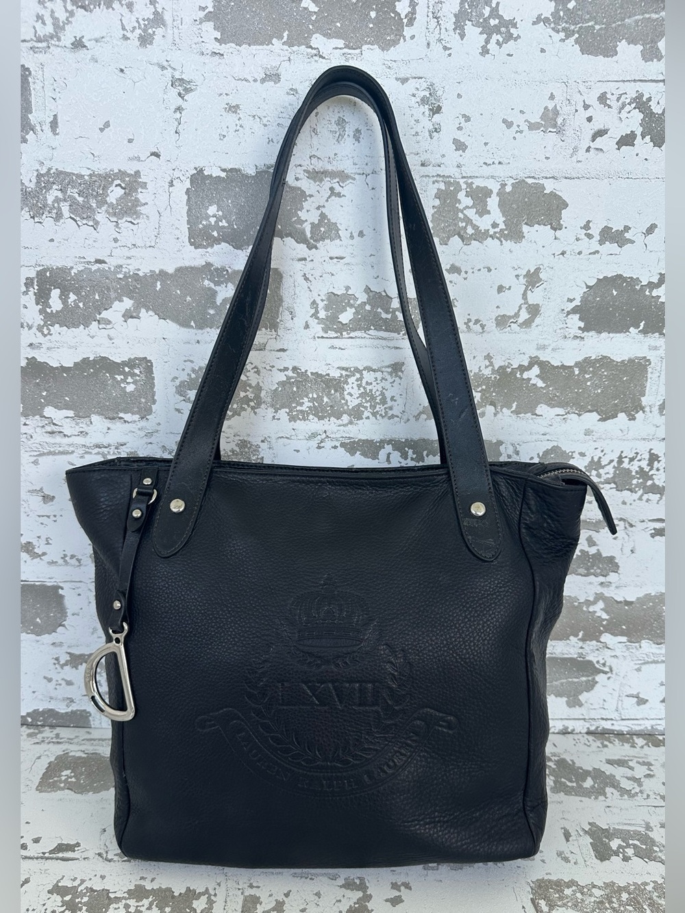 Ralph Lauren Black Tote Soft Leather Shoulder Bag LXVII Silver Charm